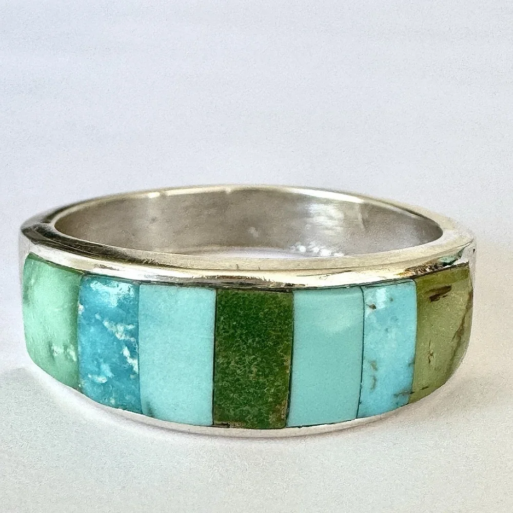 Navajo Mens Wedding Band Turquoise Inlay Sz 12.5 Ring 8mm Signed Tsosie Native